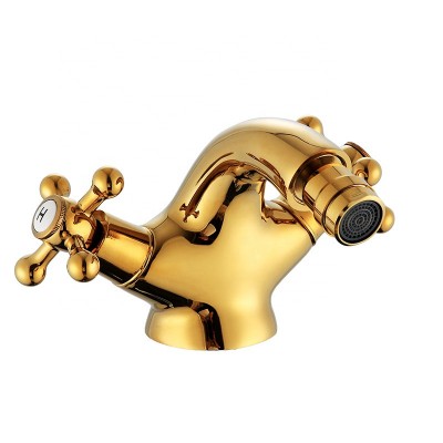 Tinderala Luxury Gold Color Brass Bathroom Sink Faucet Basin Mixer Tap Double Cross Head Handle Single Hole Hot and Cold Water